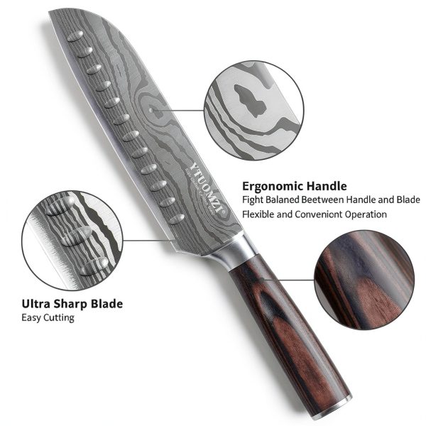 Santoku Knife 7" by Ytuomzi – Stainless Steel with Pakkawood Handle-3