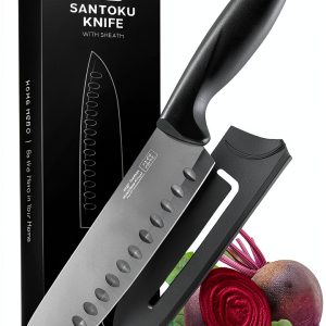 Santoku Knife Hero 2-Pc Black 7in Carbon Stainless Steel with Sheath-0