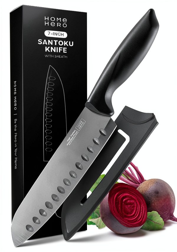 Santoku Knife Hero 2-Pc Black 7in Carbon Stainless Steel with Sheath-0